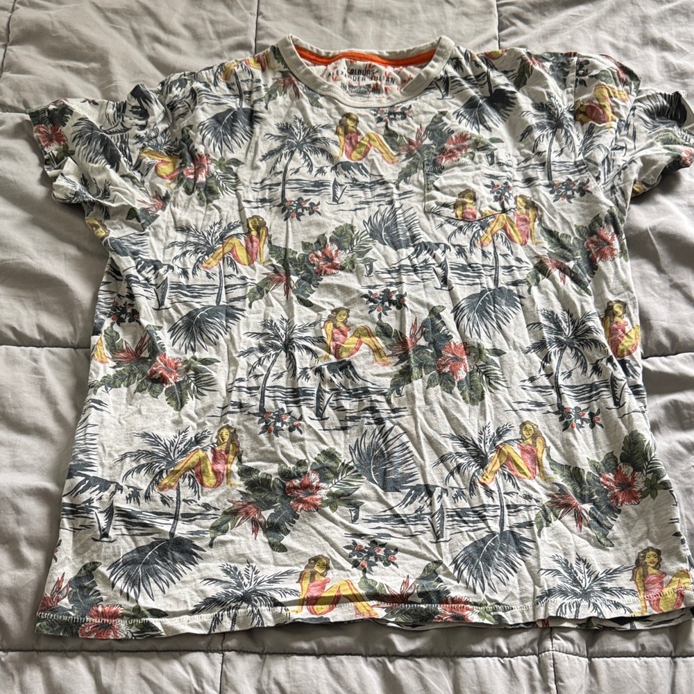 Cream Tee with Orange Leaf Print and Navy Logo